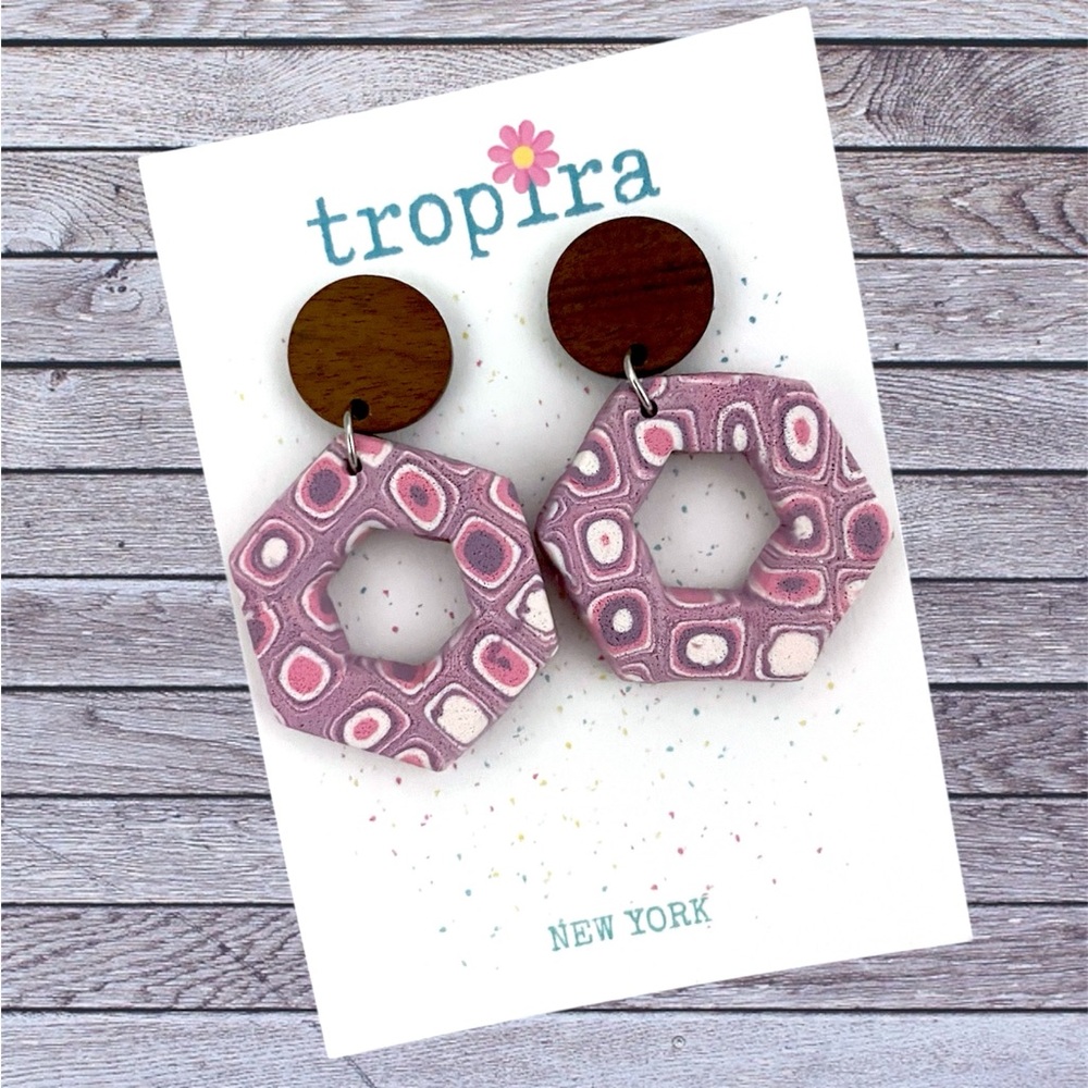 Mokume Gane Pink Purple Patterned Wooden Hexagon Polymer Clay Earrings